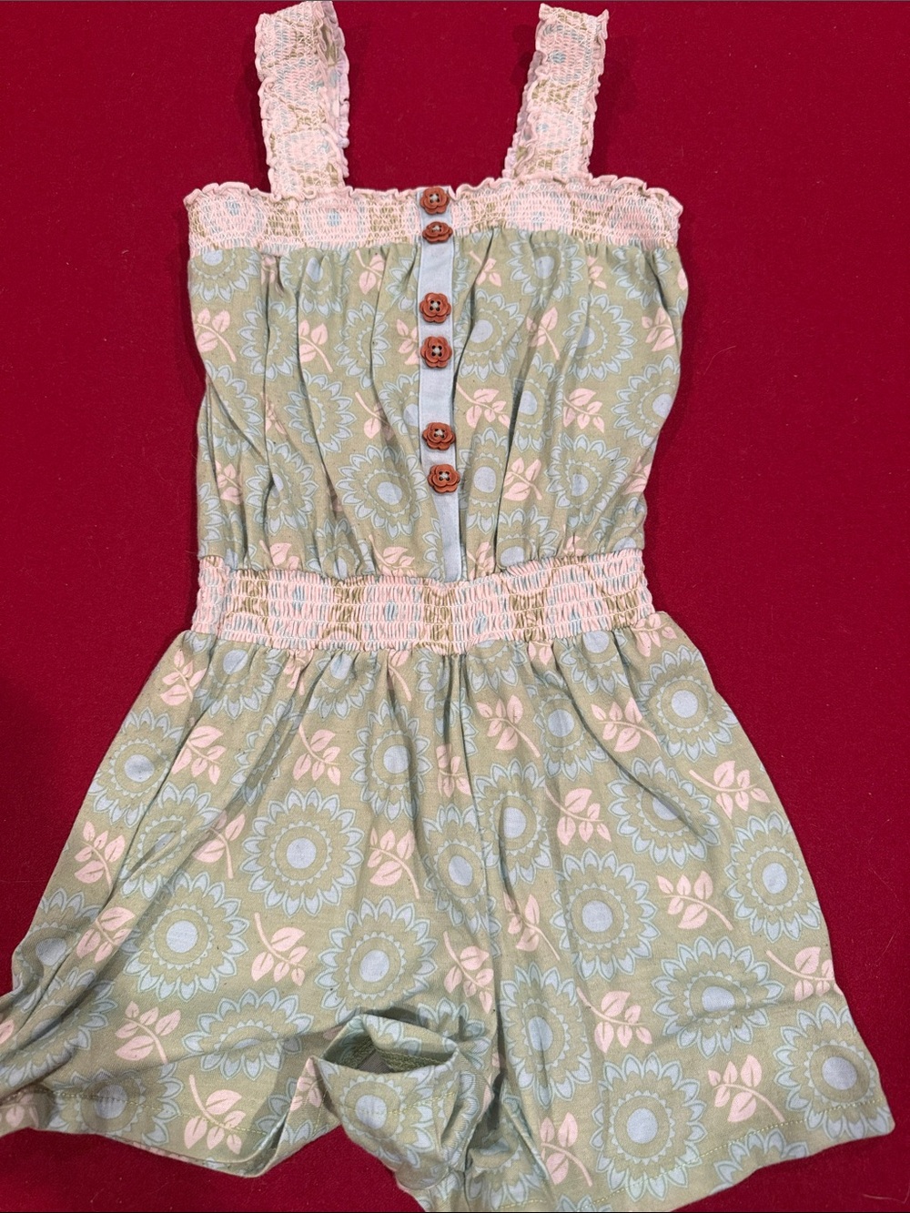 Matilda Jane Sage Green Floral Smocked Romper PJ with Pink Accents